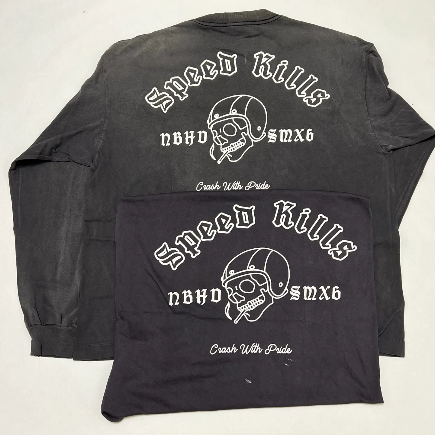 Printing proofing SAINT Mxxxxxx × NEIGHBORHOOD STHD . LS TEE SPEED KILLS/BLK Skull Helmet Long Sleeves Washed Black S-XL Cylindrical Cloth Ready-made Assute Dyeing Heavy Washing Water Fading Handmade Splashed Ink Holes Simulate Natural Fading and Old Effects Correct Version Customized NBHD Co-branded Accessories Top Purchasing Level